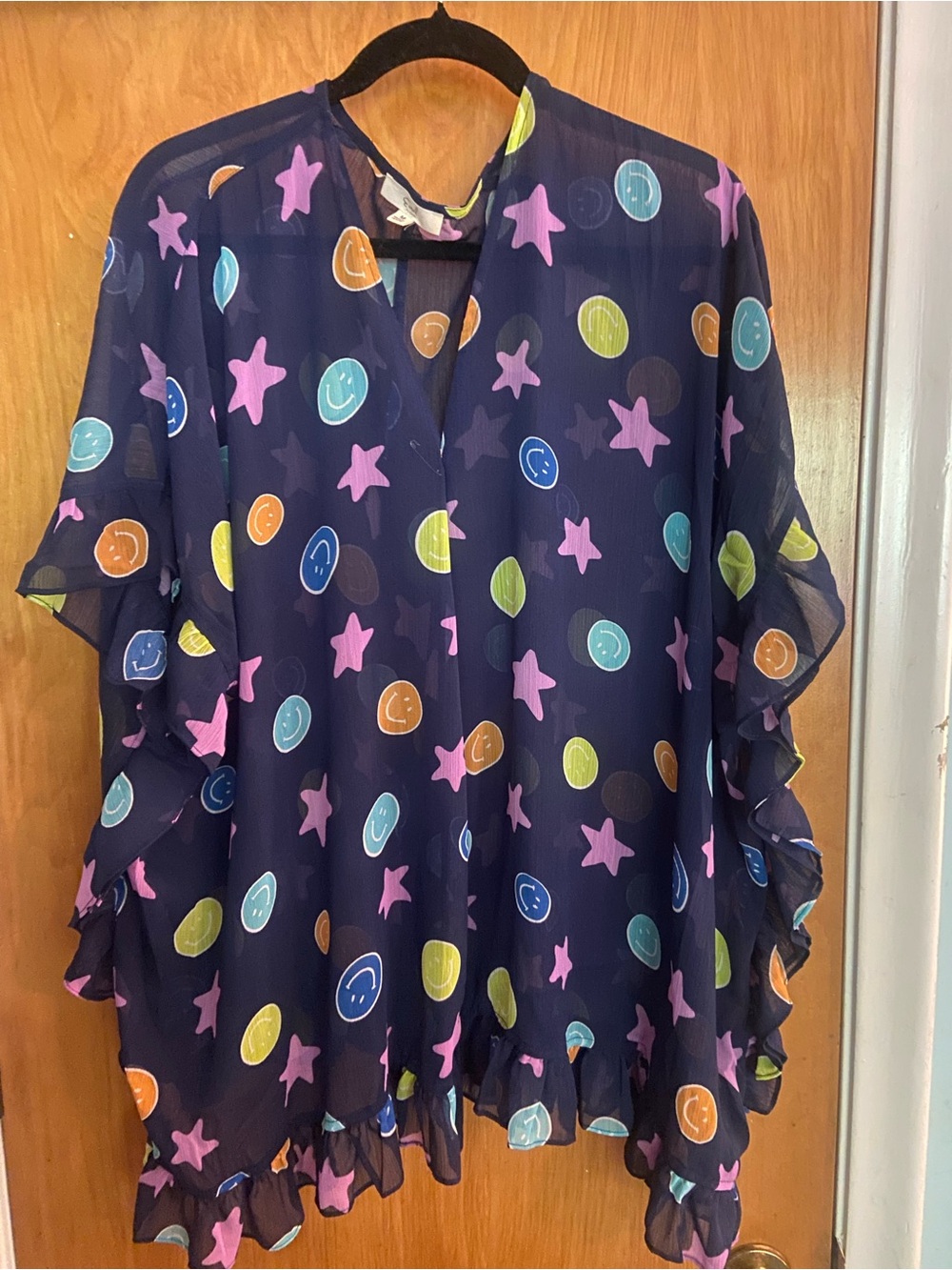 😊💙⭐️🩷EASEL Navy Sheer Ruffled Kimono Bright Smiley/Stars SZ Medium (Oversized)